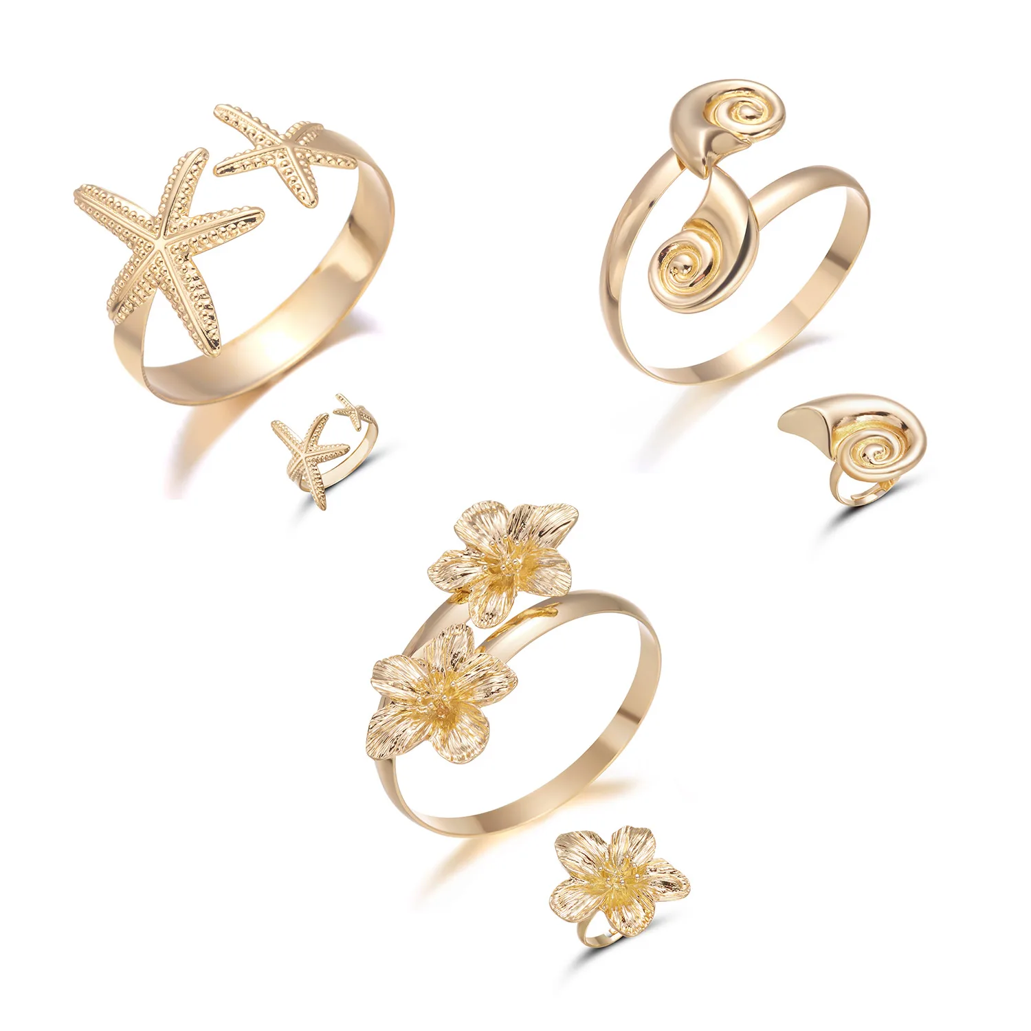 

6PCS/Set Exaggerated Metal Starfish Conch Cuff Bangles Rings for Women Exquisite Flower Bracelets Summer Beach Jewelry Gifts