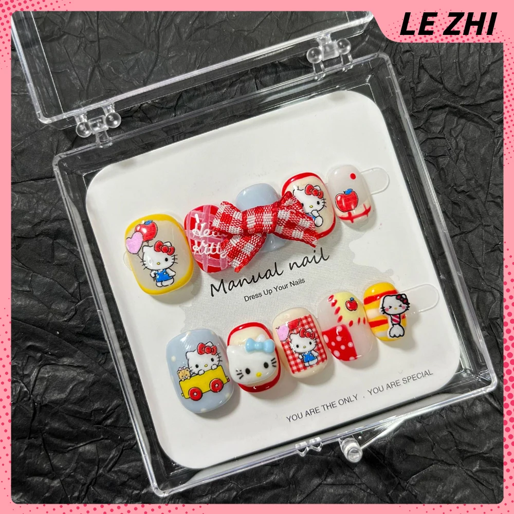 Kawaii Sanrio Hello Kittys Короткие квадратные круглые носимые ногти ручной работы с мультяшным кроликом, собакой, медведем, белкой, бантом, накладными ногтями