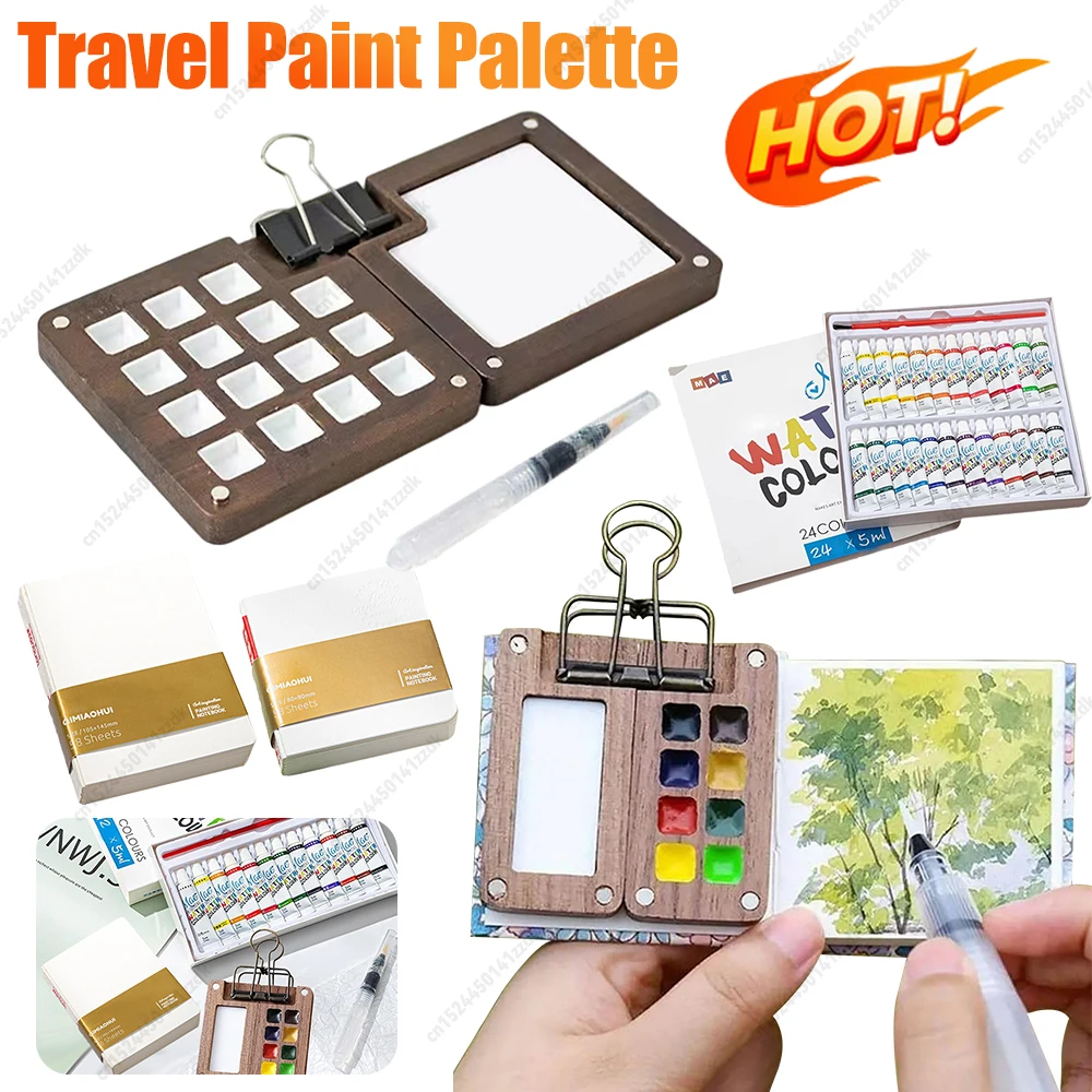 Multi Colors Wooden Grid Paint Box Mini Watercolor Paint Set Pocket Artist Travel Paint Palette for Painters Artists Students