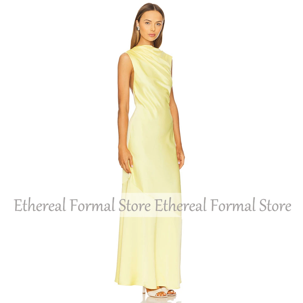 Элегантное желтое атласное женское вечернее платье с круглым вырезом, платье для выпускного вечера длиной до щиколотки, вечернее платье без рукавов, длинное платье в Саудовской Аравии
