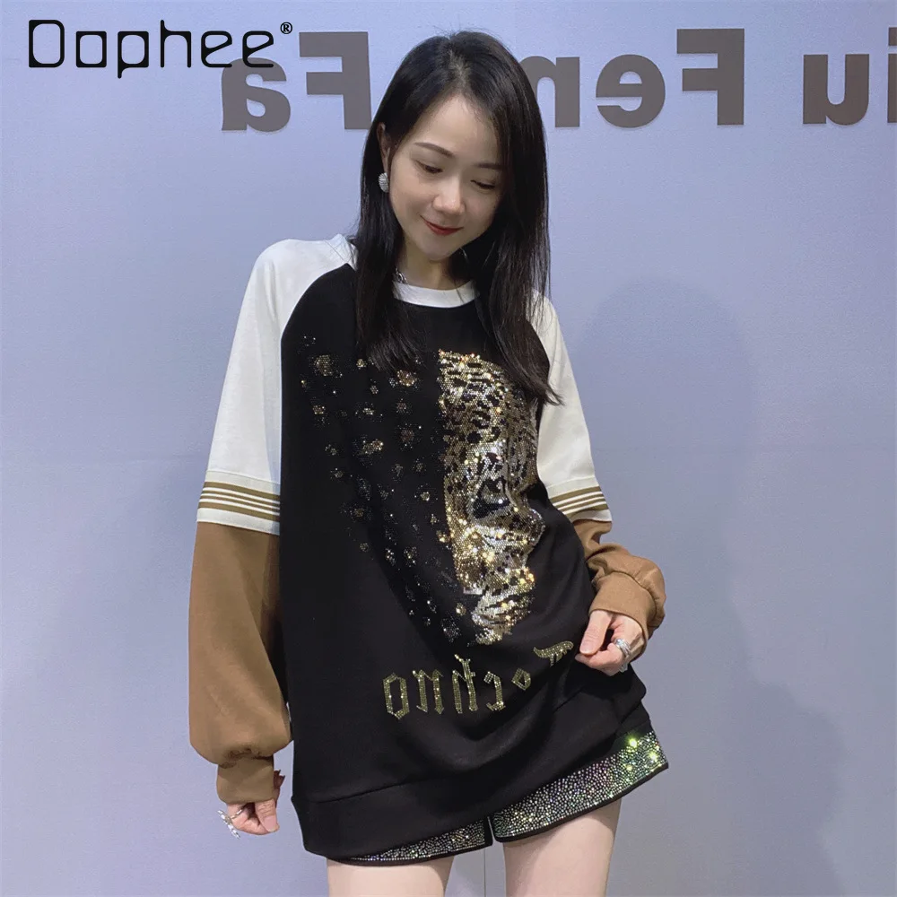 

Heavy Industry Hot Diamond Sweatshirt Women Autumn New Pullover Loose Versatile Crew Neck Space Cotton Splicing Color Sweatshirt