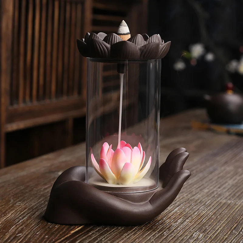 Purple sand bergamot lotus backflow incense burner, creative windproof hood LED light bergamot backflow fragrance diffuser