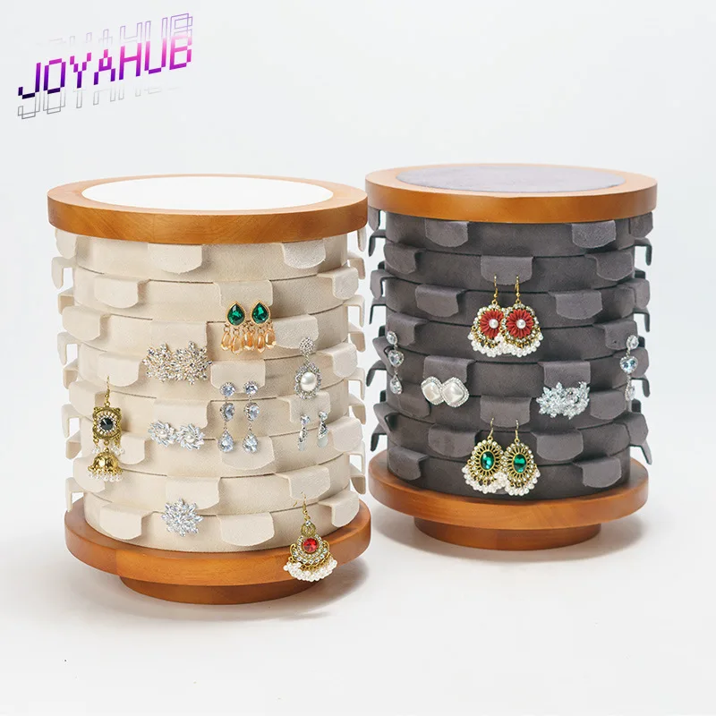 

Коммерческий ювелирный дисплей с логотипом, вращающаяся стойка из цельного дерева, большая вместительная бытовая стойка для хранения сережек OEM