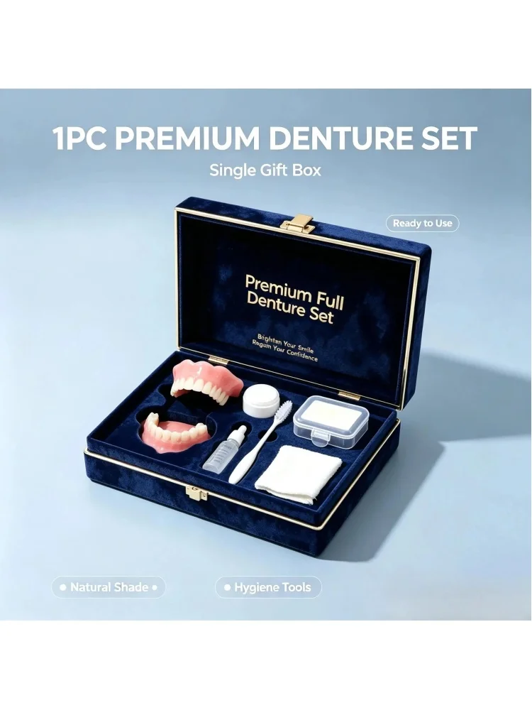 Komplettes All-in-One-Mundprothesen-Set, Komfort-Silikon-Set für obere und untere Zahnprothesen mit Geschenkbox und kompletten Zahnpflege-Reinigungswerkzeugen