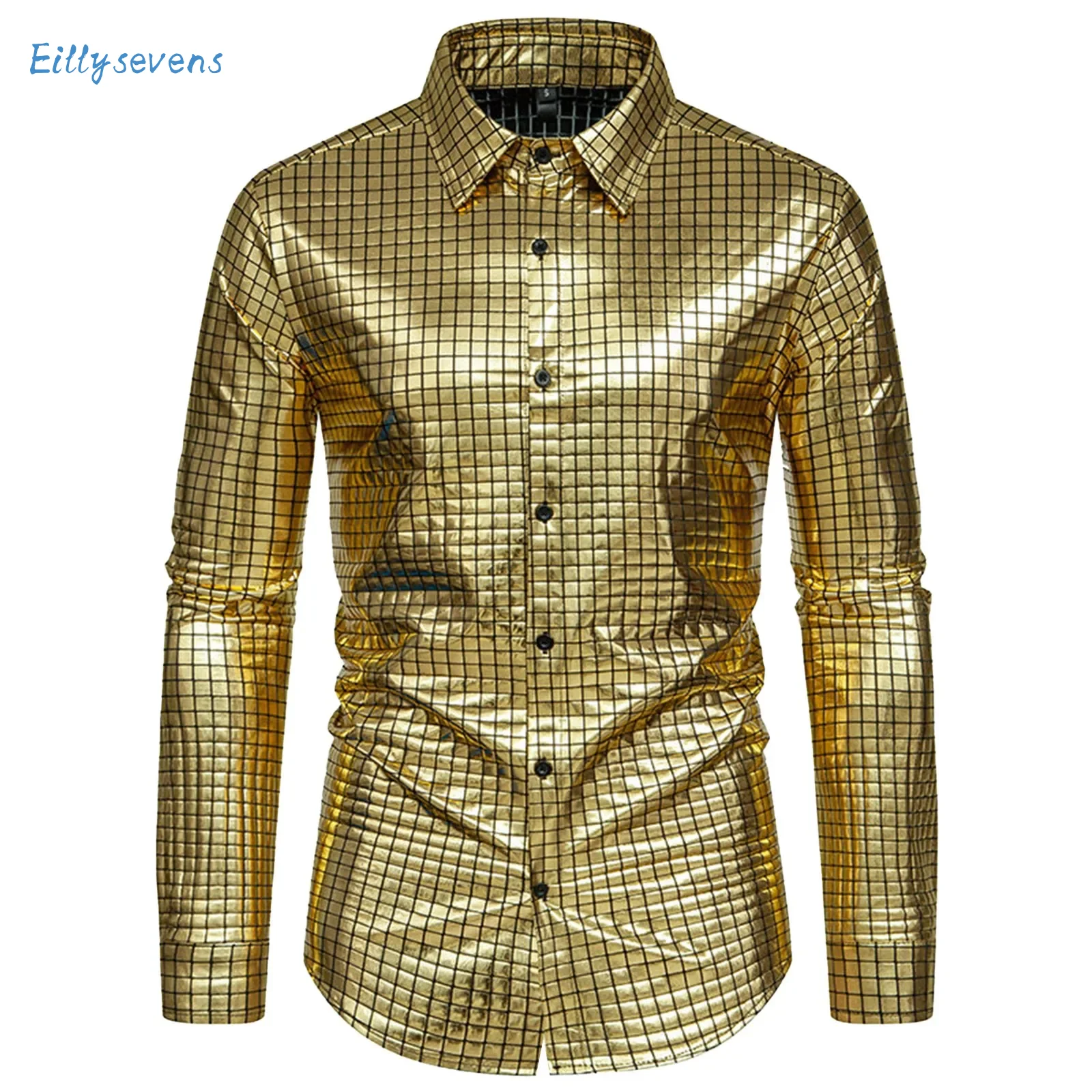 Men'S Shiny Shirts Solid Color Checkered Hot Stamping Shirts Long Sleeve Lapel Stage Wear Banquet Fashion Nightclub Shirts