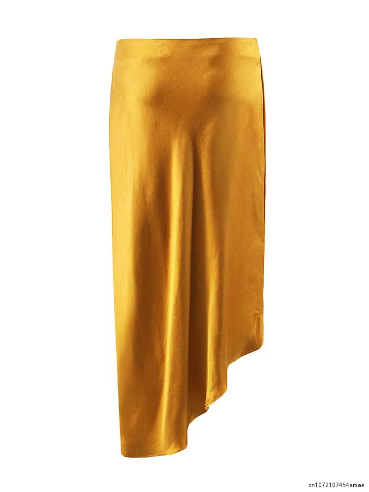 2023 Women New Design Summer Skirt Solid Yellow Green High Waist Female Side Split Sexy Ladies Silk Skirts