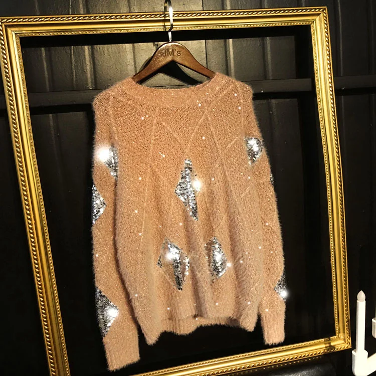 Mink Sequined Shiny Furry Knitted Women's Loose Slim Pink Plaid Top Girls Clubwear 2023 Spring Sweater Pullover