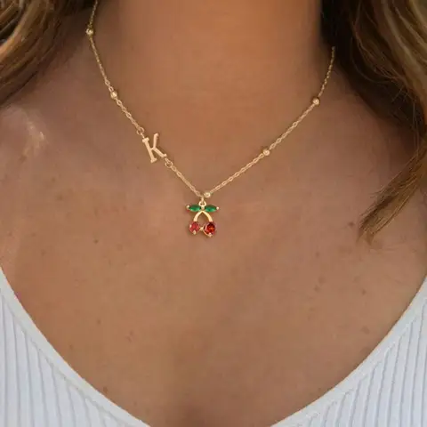 Cute A-Z Initial Cherry Pendant Necklace for Women Gold Plated Stainless Steel Bead Chain Necklaces For Women Birthday Gifts