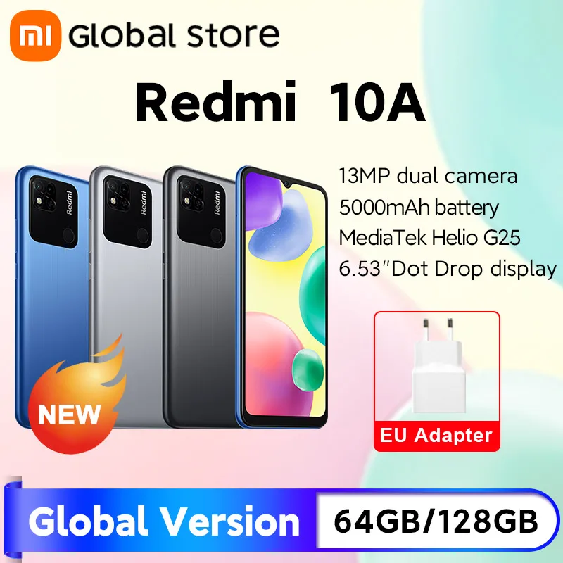 Versão global xiaomi redmi 10a smartphone 32gb/64gb/128gb octa core mediatek helio g25 13mp 6.53 "display ponto gota 5000mah