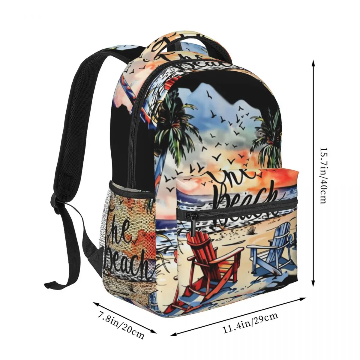 Mermaid Style Backpack Center Beach Palm Chair Sunset Watercolor Coastal Travel Orange Blue Gre Lightweight Daypack for Trip Gym