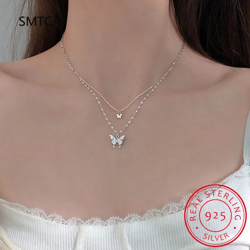 925 Sterling Silver Flash Diamond Butterfly Double Necklace For Women Simple Design Crystal Elegant Wedding Jewelry Gifts