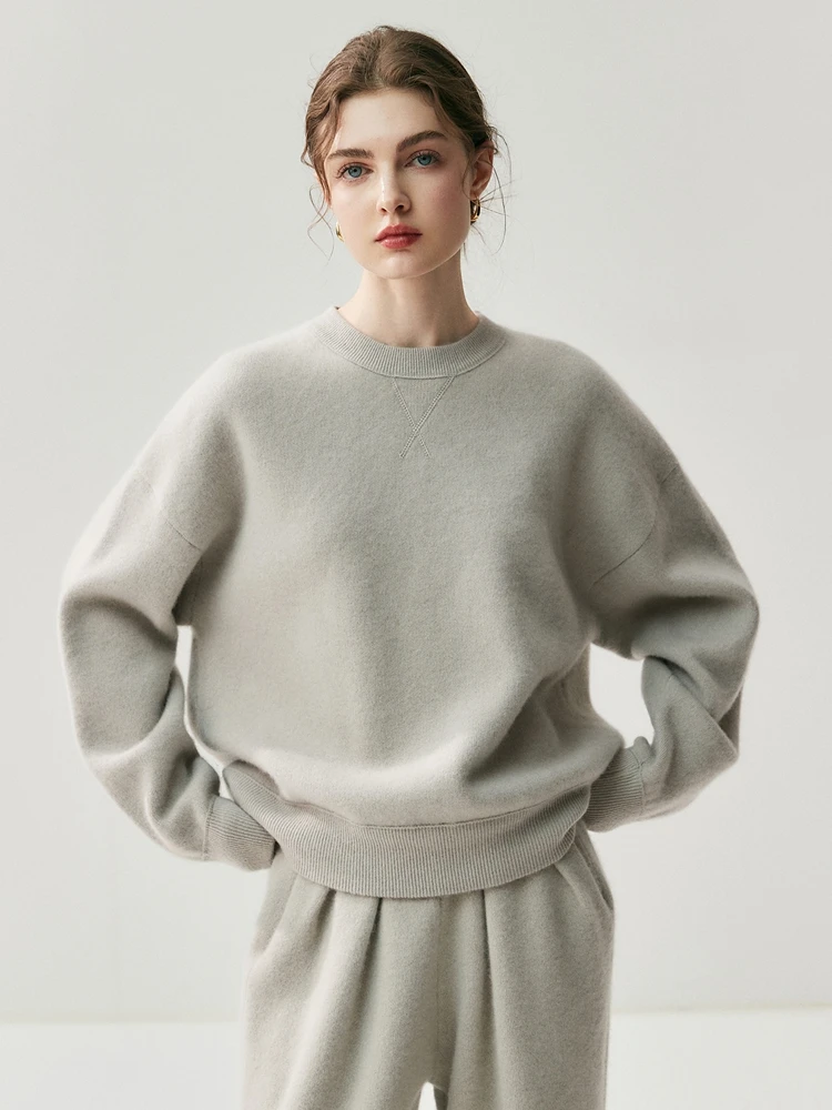 Luxury Sporty Style 100% Cashmere Sweater Women's Sweatshirt Autumn Winter Warm Hoodie Pullover O-Neck Knitted Loose Casual Tops