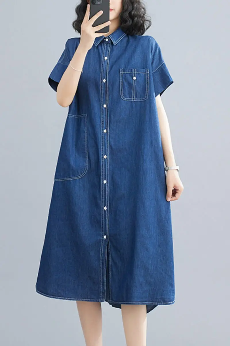 Large Size Denim Shirt Dress Women 2023 Summer New Open Line Decoration Casual Single Breasted Female Robe Jeans Vestidos Z1482