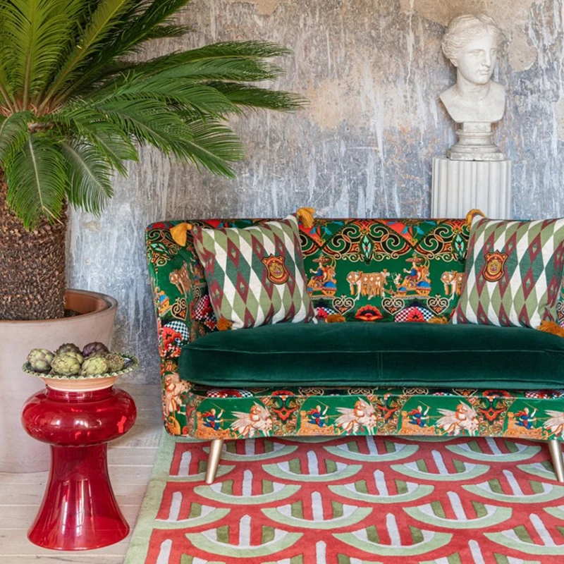 American retro printed velvet double sofa French idyllic green versatile living room furniture triple high backrest