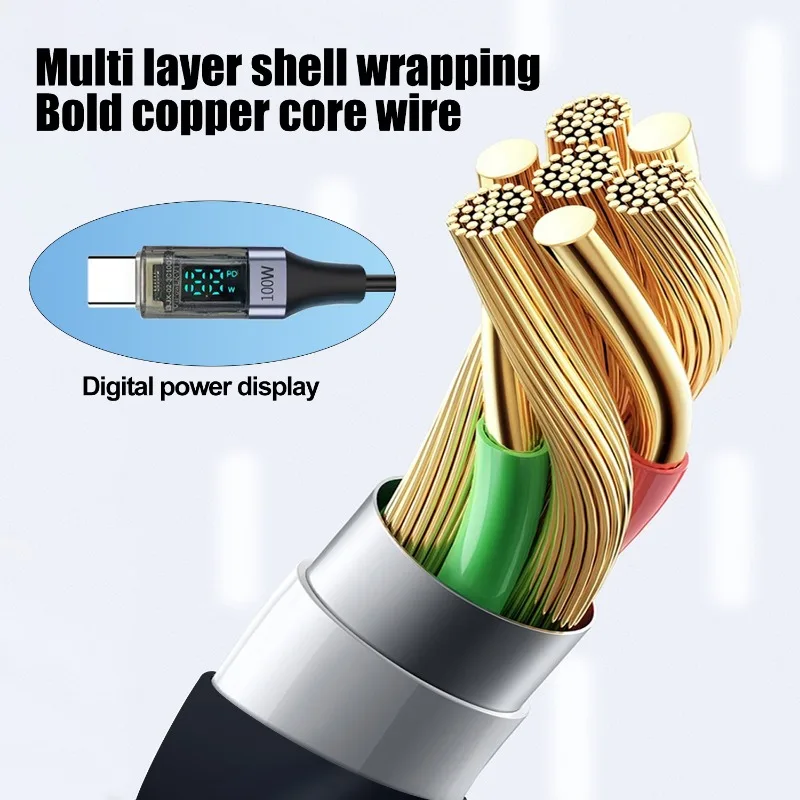 100w Dual Type C LED Digital Display Spring Cable for Samsung IPhone Xiaomi Huawei OnePlus Fast Charging Cord Spring Data Cable