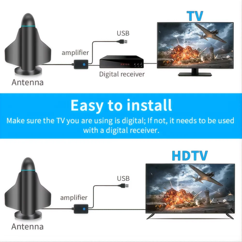 هوائي تلفزيون رقمي بموجة أرضية HDTV-T 2024 هوائي جديد عالي الكسب داخلي وخارجي مقاوم للماء للتلفزيون الرقمي كوب شفط عمودي