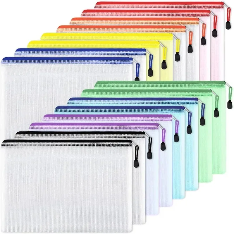 Bolsa de arquivo com zíper em malha transparente de PVC, à prova d'água, 1/3 peças, bolsa de arquivo com zíper em malha, armazenamento de material de escritório, bolsa de armazenamento doméstica
