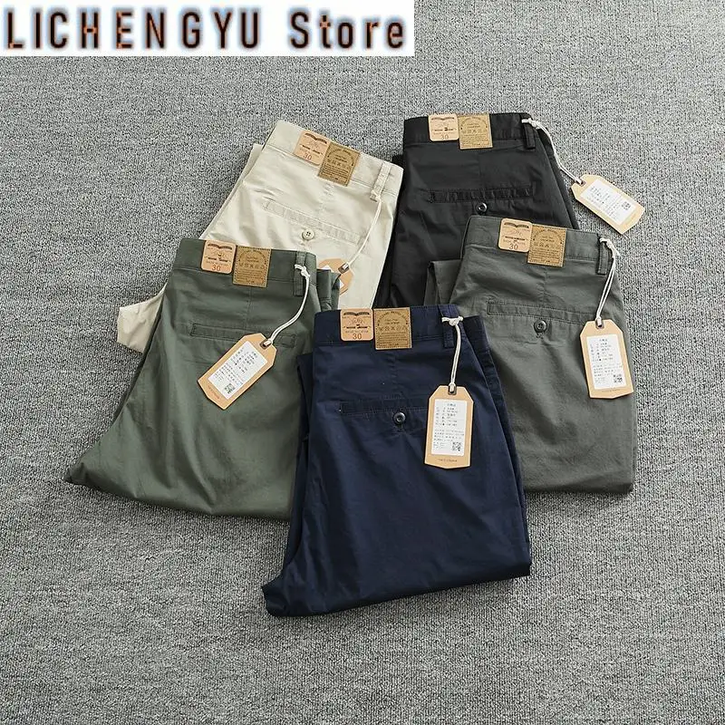 

Summer New Japanese Retro Woven Twill Slim Pants Men's Simple 97% Cotton Washed Casual Straight Tapered Trousers