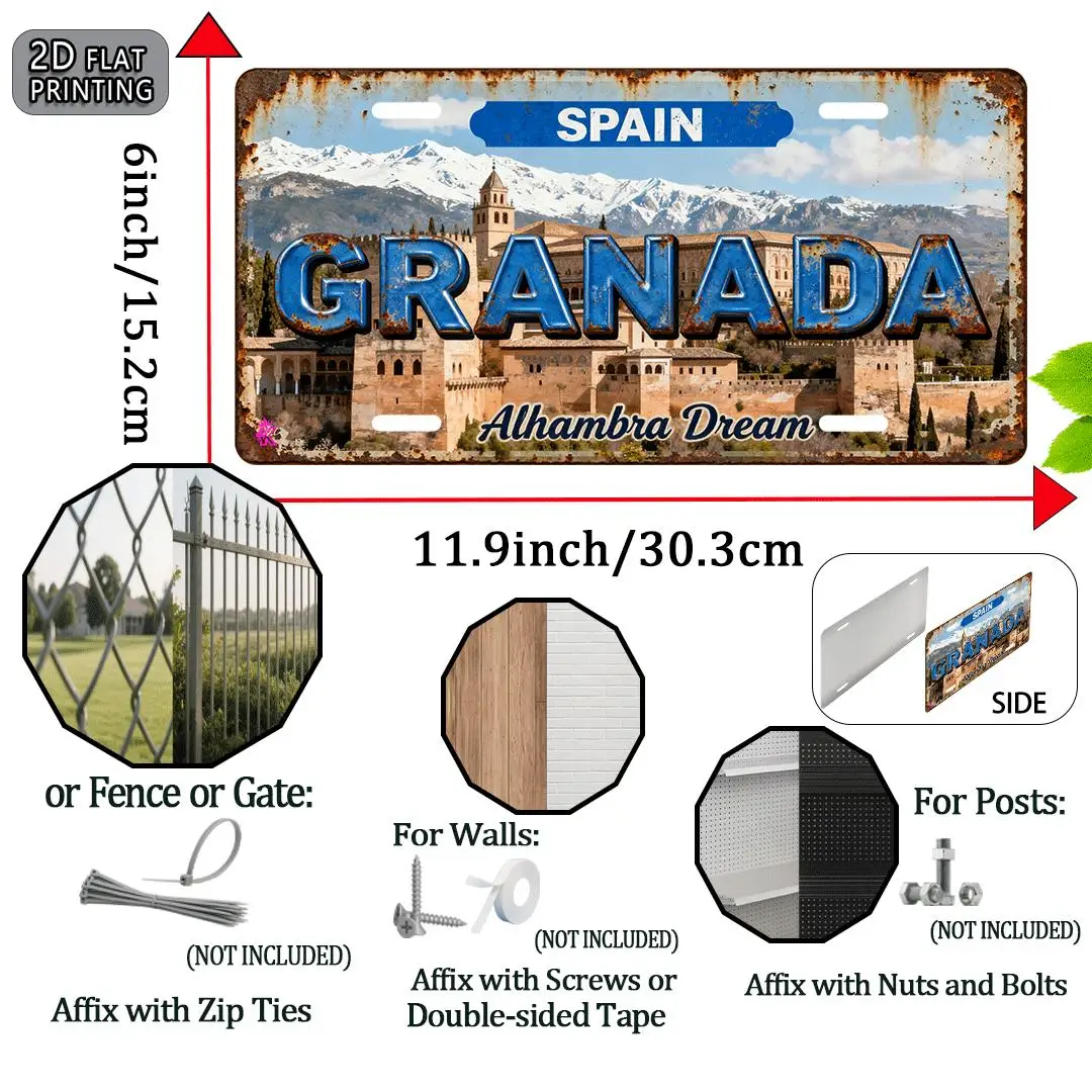 2D Flat, for Decorative Use Only, 2D Flat, 1pc Granada Spain Vintage Metallic Sign - 30.48x15.24 cm Retro Travel Souvenir with A