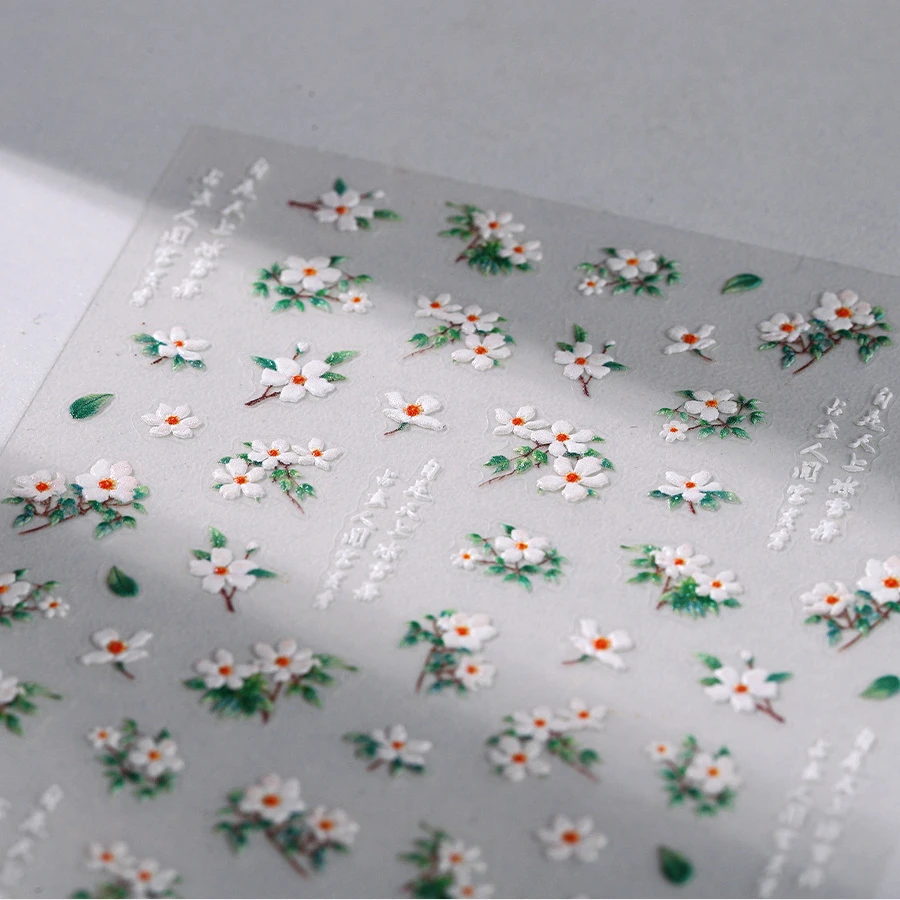 White Gardenia Chinese Style Self Adhesive Nail Art Stickers Colorful Flowers Peach Blossom Corn Poppy Manicure Decals Wholesale