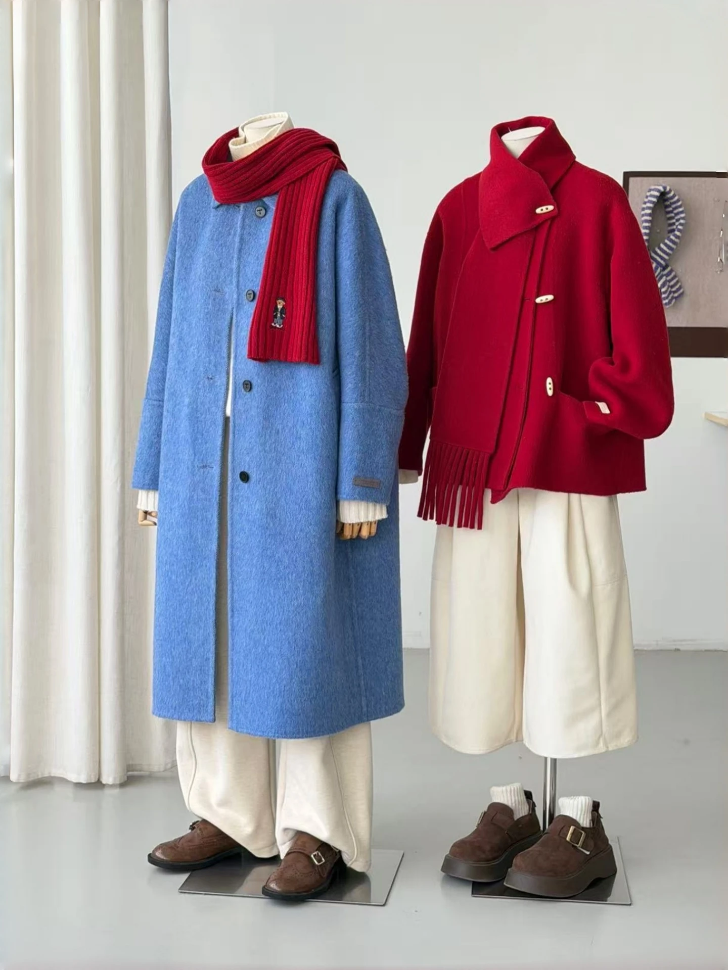 Retro Style Women's Blue Double-Faced Wool Coat Loose Fit Korean Style Woolen Outerwear Fashionable Academic Trend Medium-Length