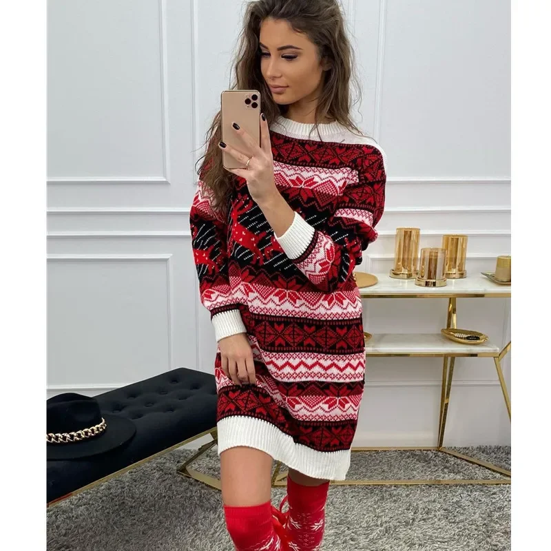 Women's Christmas Dresses 2024 New Xmas Sweatshirt Women Casual Round Neck Fashion Elk Printed Tops Female Long Sleeve Pullover