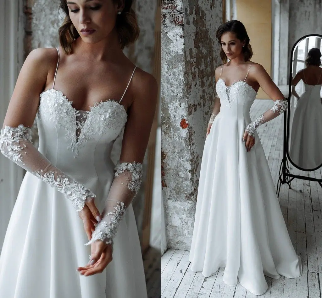 Customized Designer Simple Satin A Line Wedding Dresses With Spaghetti Straps Stylish Lace Appliqued Boho Beach Bridal Gowns