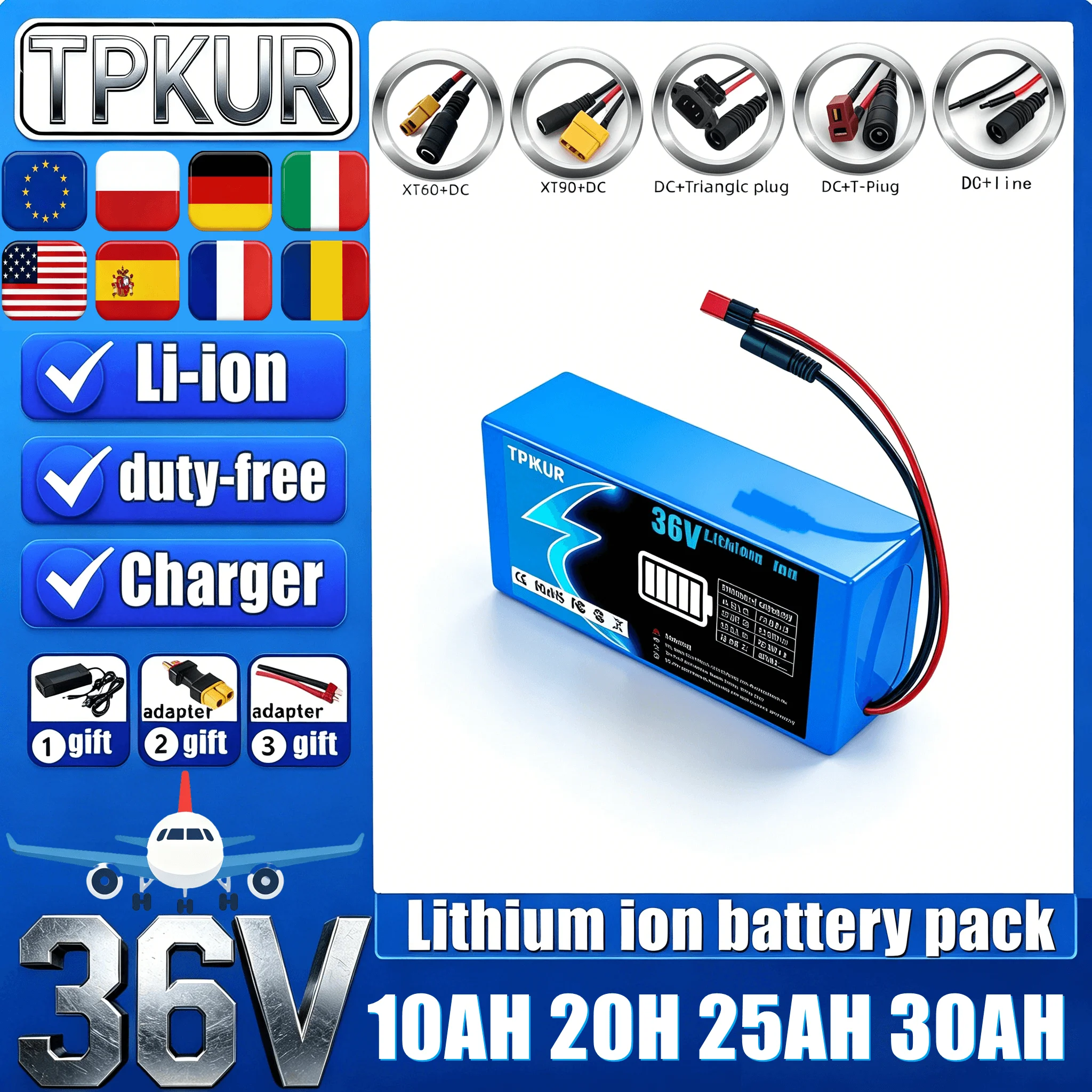 36V Lithium Ion Battery 18650 Cell Pack 10Ah to 30Ah Replacement for Electric Bike Scooter Motor 100-1500W+charger