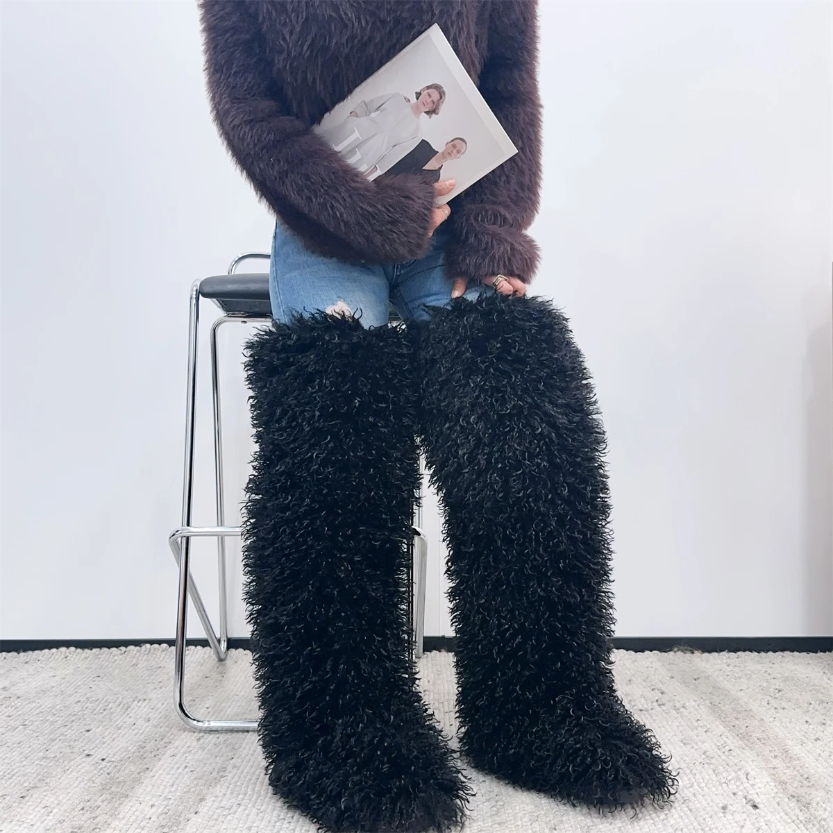 Womens Faux Mongolian Thigh Highs Faux Fur Boots Winter Warm With Fur Inside