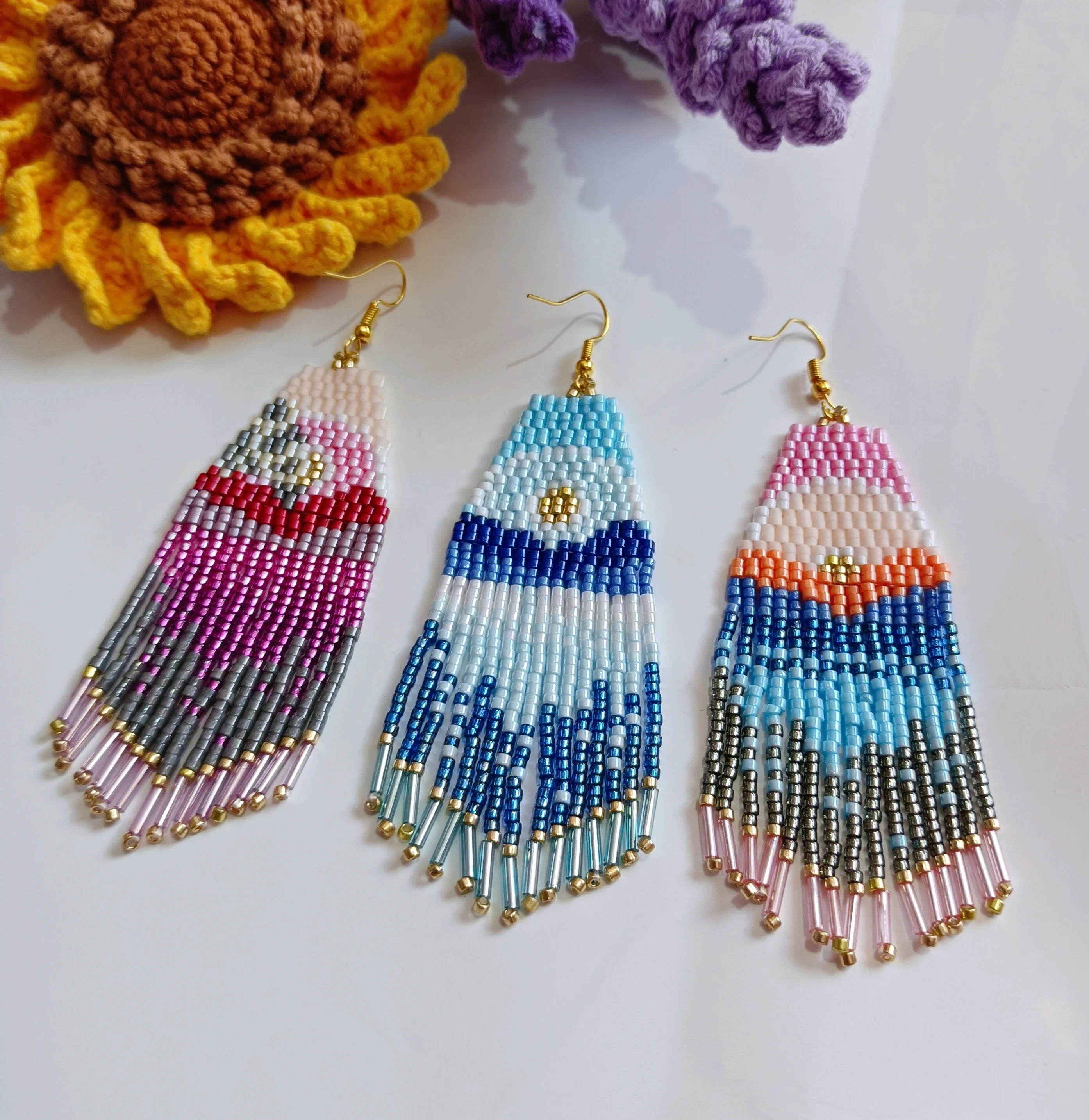 Rice bead earrings Tassel Landscape Originality Scenery Hand knitting Alloy Sun and moon Pattern Bohemia Beaded earrings