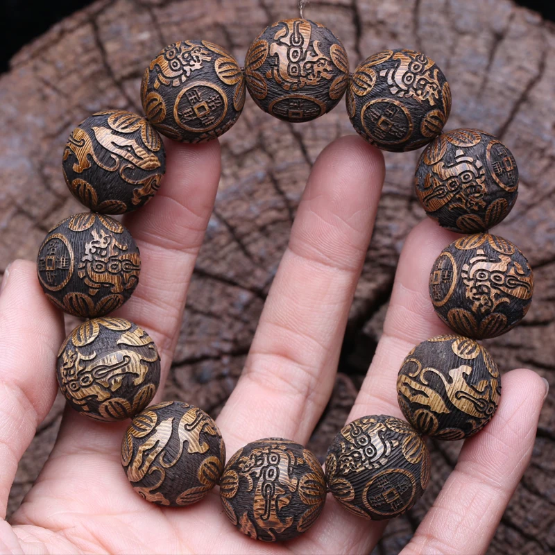 Natural Wood Bracelet Carved God Beast Wealth Bracelet 20mm Men beaded