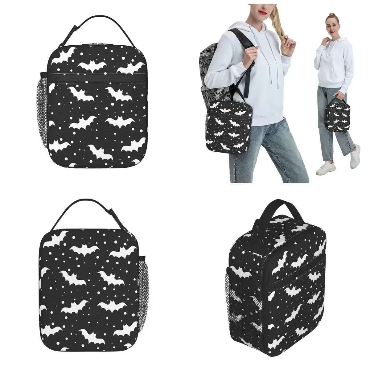 Bat Goth Happy Halloween Insulated Lunch Bag Portable Reusable Cooler Bag Lunch Box Tote School Travel Food Storage Bags