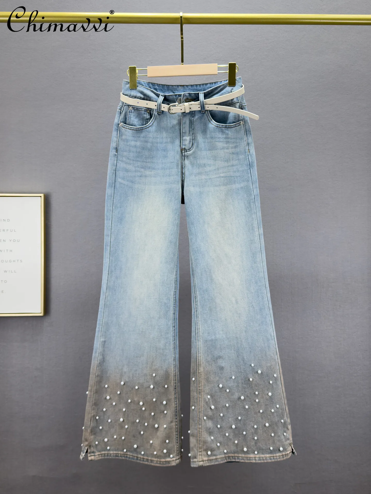 

Женские джинсы с бисером и декоративной отделкой, весна-лето 2026, новая модная коллекция, с высокой талией, стройнящие, элегантные расклешенные брюки