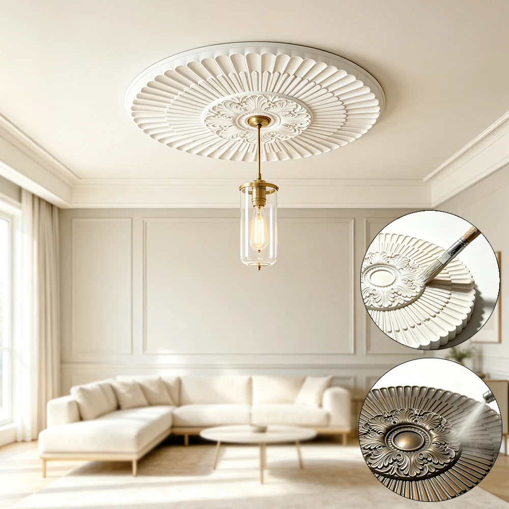 PU Ceiling Medallion Paintable Decorative Onlay Applique Fan Medallion, for Light Fixture Ceiling Fan Home Ceiling Decoration
