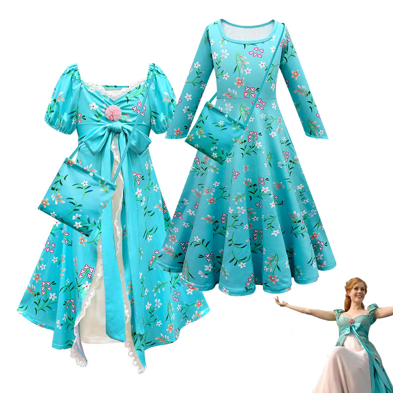 2 vestidos encantados Giselle princesa para meninas, roupas infantis, manga bolha, laço elegante, roupas cosplay, presente de aniversário para crianças