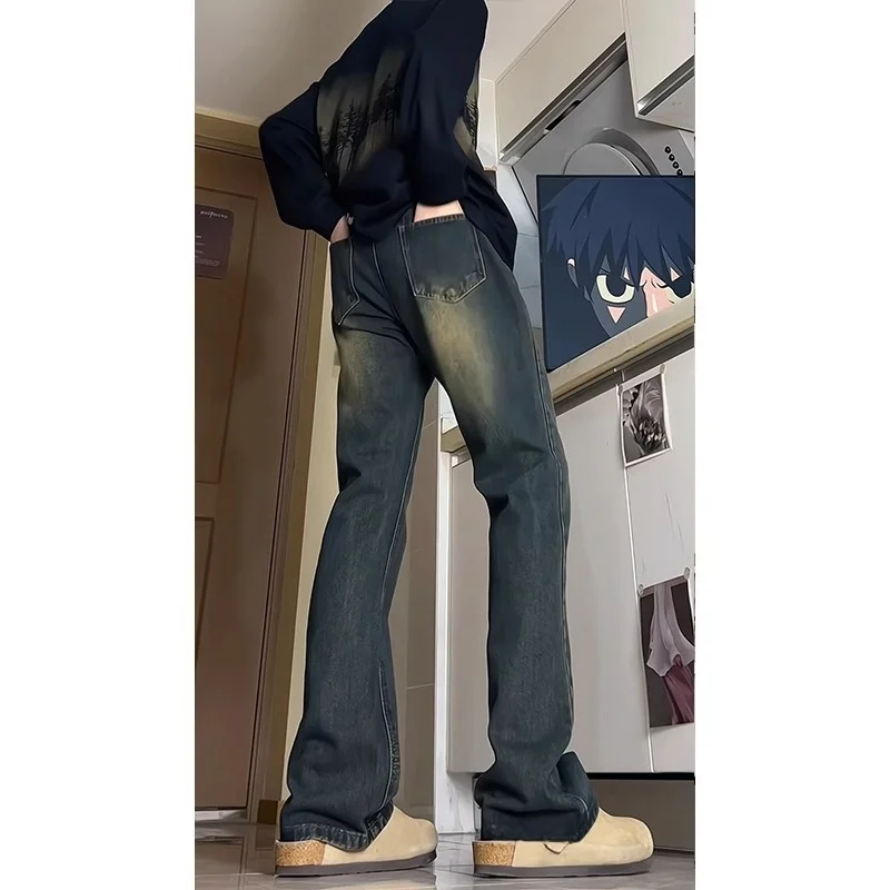 Jeans a gamba larga American High Street Pantaloni lunghi dimagranti retrò da uomo Taglio dritto Miscela di cotone poliestere resistente Abbigliamento primaverile