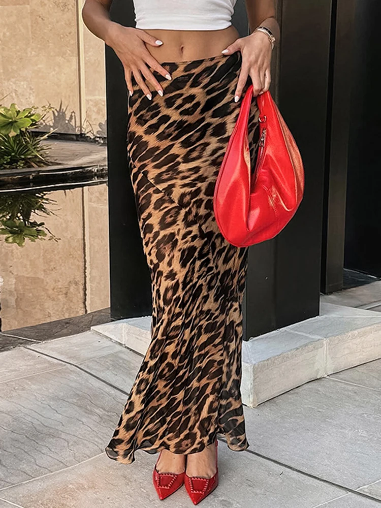 Female Summer Skinny Skirts Elegant Party Beachwear 2024 Print Leopard See Through Chiffon Women Skirt High Waist Long Skirt