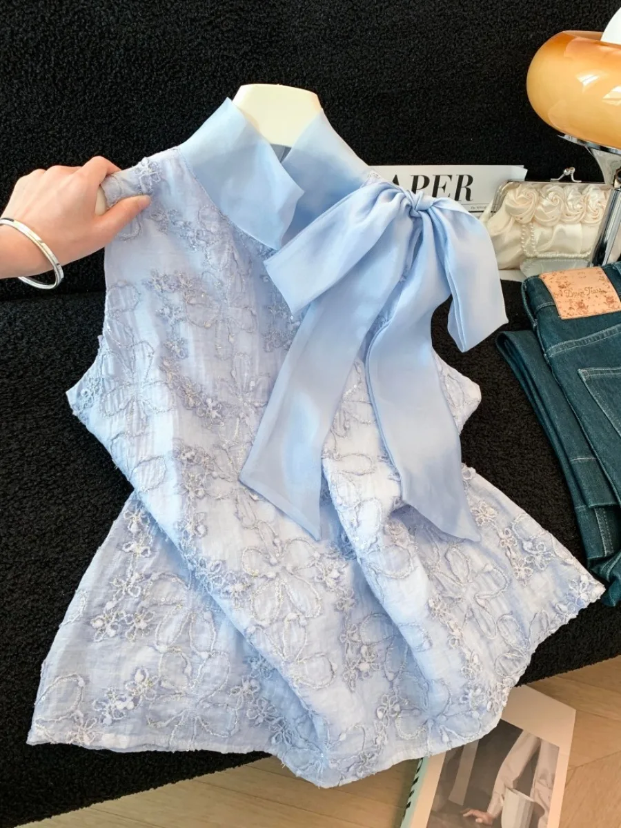 

Sweet Sequin Blue Silk Shimmer Sash Embroidered Lace Top Women's Summer Design Sleeveless round Neck Blouse Luxury Style Loos...