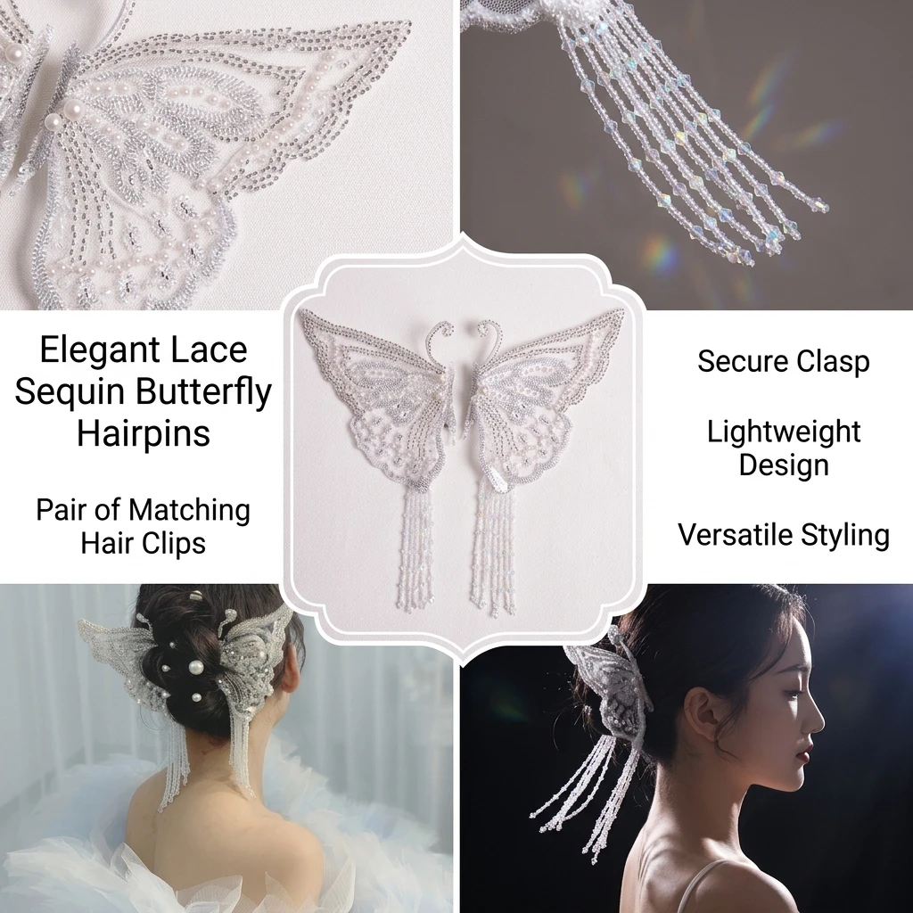 Bridal Hair Clips Lace Butterfly Hair Accessories Wedding Party Sequin Fringe Hairpin Elegant White Headpiece for Women