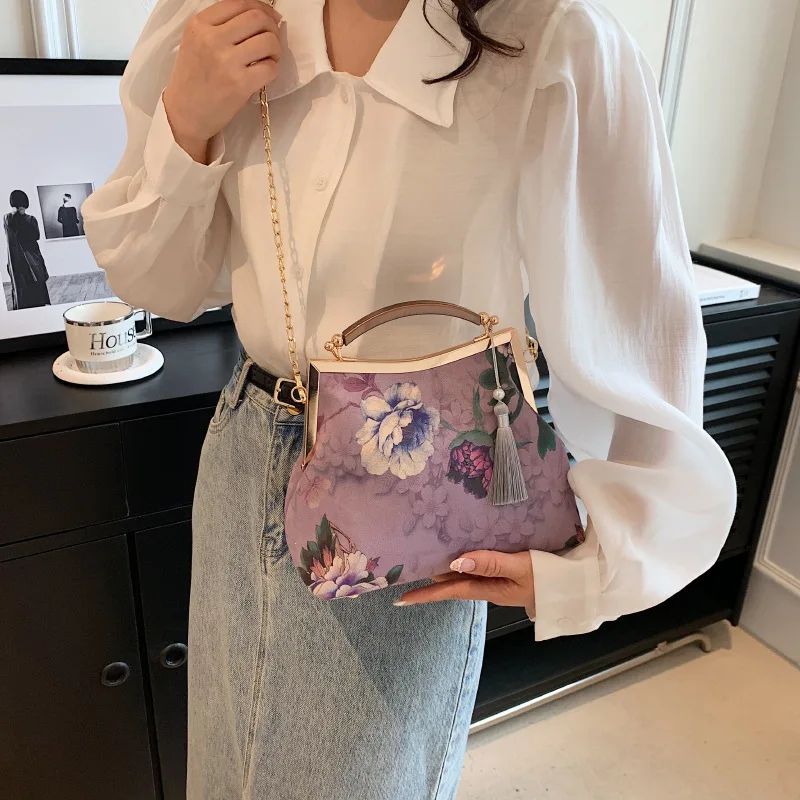 Vintage Chinese Style Evening Bags Purple Peony Print Ladies Handbags Clutches Gold Chain Shoulder Bag Wedding Party For Women