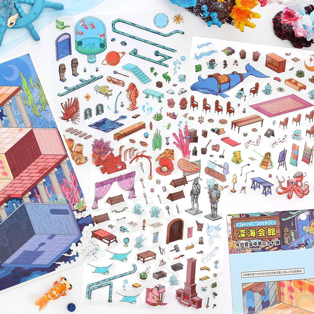 4 Pcs Deep Sea Pavilion 2.5D Diorama Stickers Extra Large Ocean Theme Decals for Journal Scrapbooking, Marine Culture Art Series