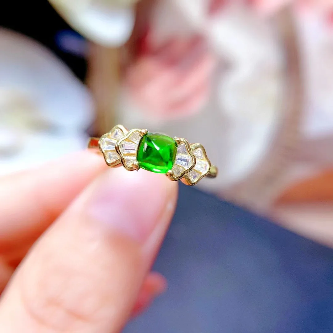 

New Fashion 5mm Sugar Loaf Gemstone Ring 0.5ct 5mm Natural Diopside Ring Solid 925 Silver Chrome Diopside Jewelry