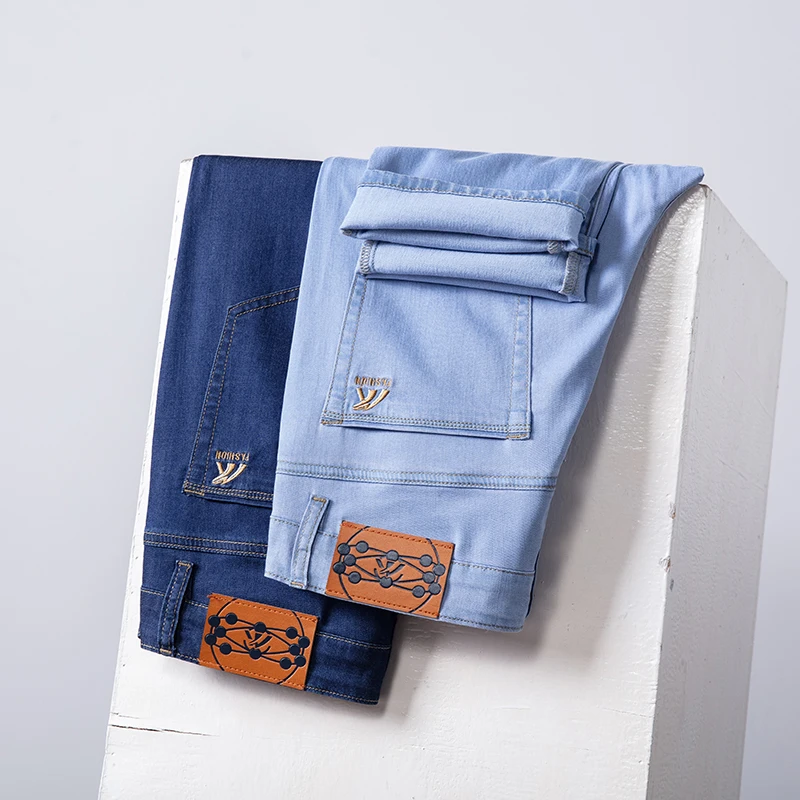 2024 Lyocell Untr Tin Men's Light Blue Spring Summer Straight Jeans Business Fashion Denim Stretch Pants Brand Trousers Male