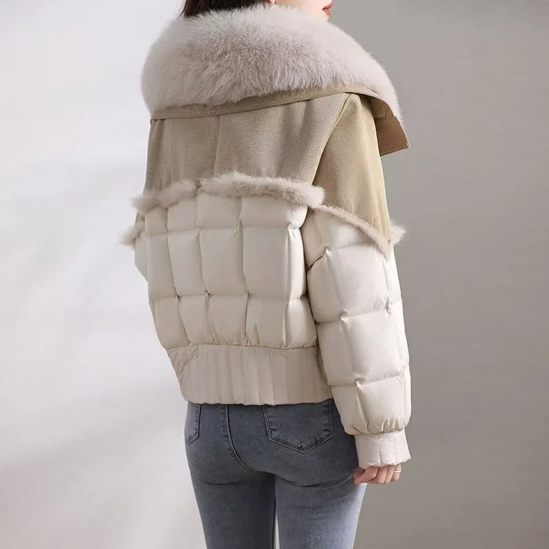 Women's fur down jacket 2024 new short jacket natural fox fur collar white goose down sheepskin fabric fur coat