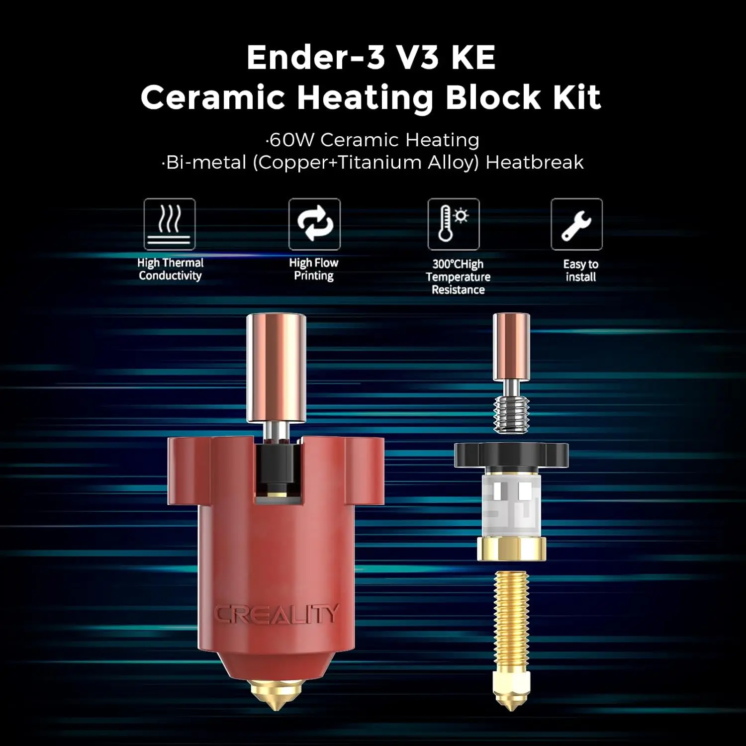  Creality Ender 3 V3 KE Hotend Kit 300°C Ceramic Heating Block Nozzle 60W High Thermal Conductivity for Ender 3 V3KE Hotend