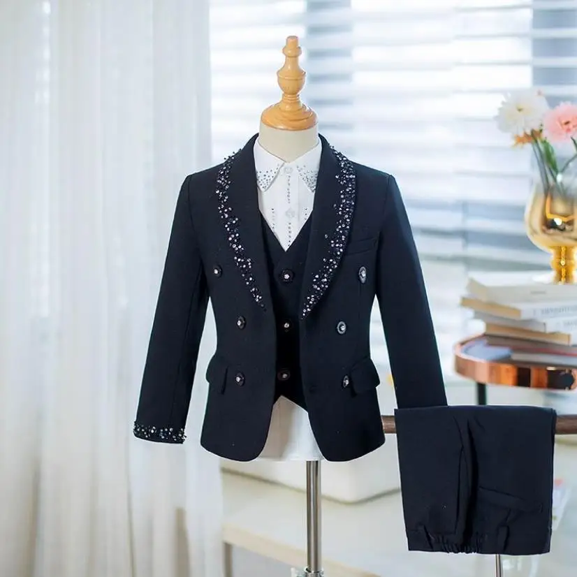 

High-End Children's Suit Set Beads Boys' Gown Runway Show Flower Girl Suit Host Piano Performance Blazers A4238