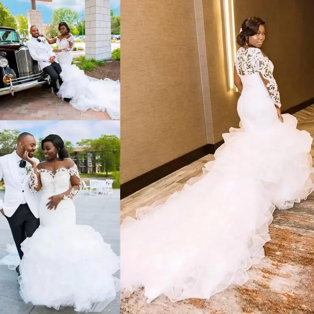 Customized Plus Size African Wedding Dresses With Long Sleeve 2023 Lace Applique Cascading Ruffles Sweep Train Beach Bride Recep