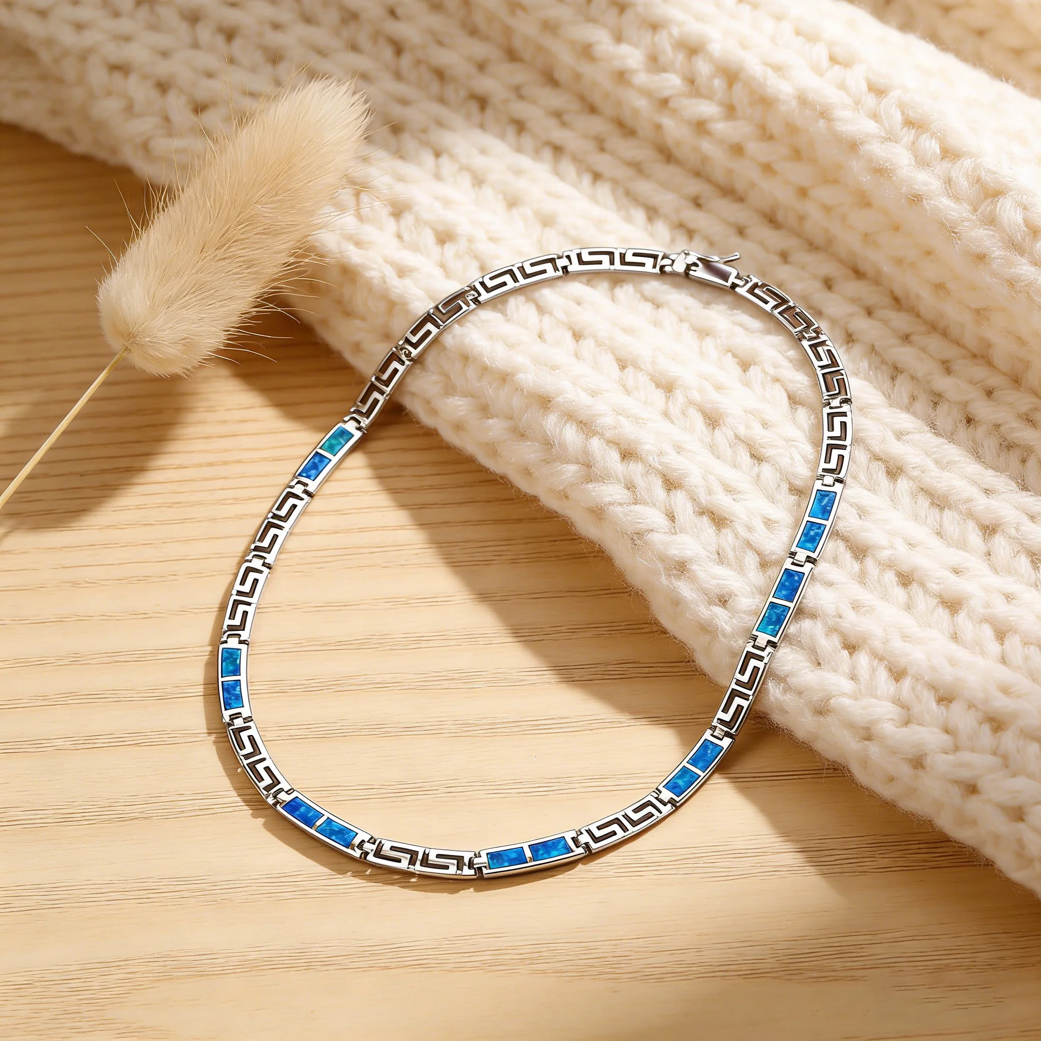 Greek Key Blue Opal Necklace for Women,Silver Color Chain Bohemian Fashion Jewelry - Elegant Pendant Gift Trendy Opal Accessory