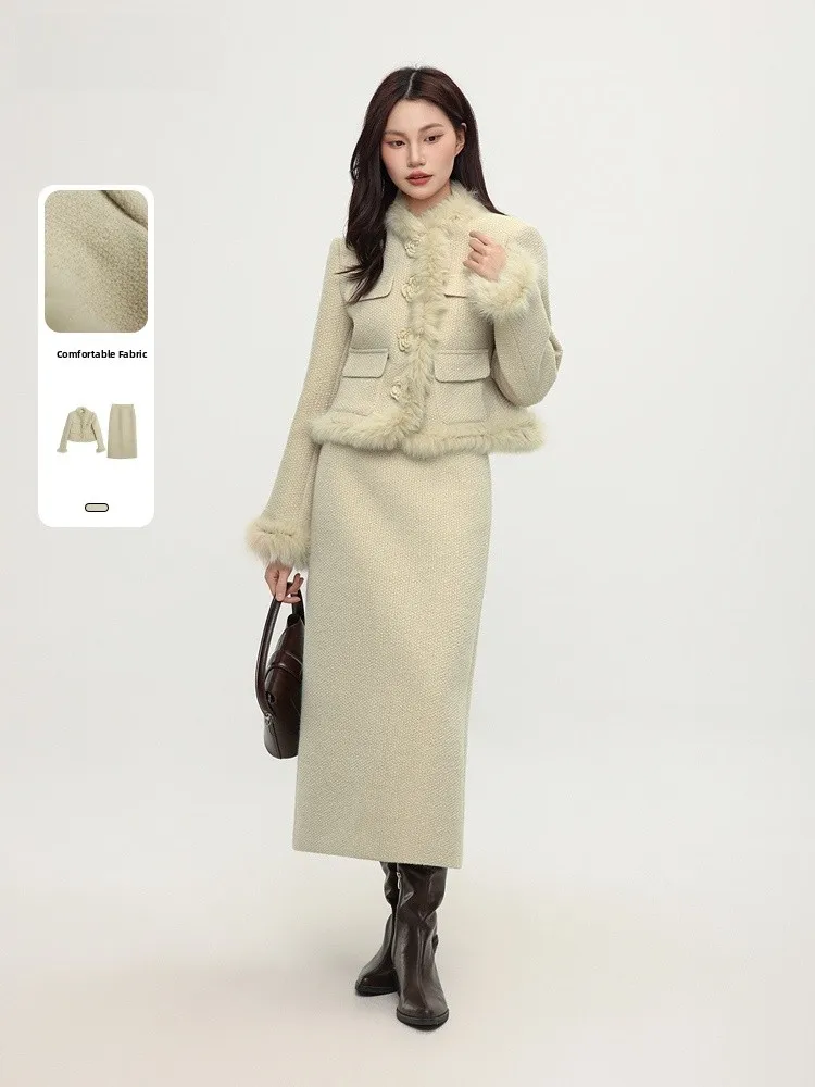 

Faionable Fur Set Dr Small Fraance Sle Two-Piece Suit Ele round Ne Long Sve Polyester Fiber for Women