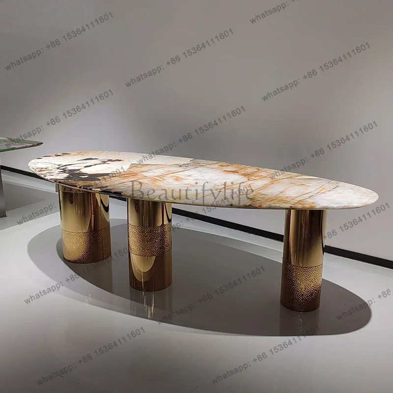 LJY Trending Villa Home Design Corrosion/Heat/Easy-Clean Italian Luxury Stainless Steel Dining Table, Oval Imported Stone Tablet